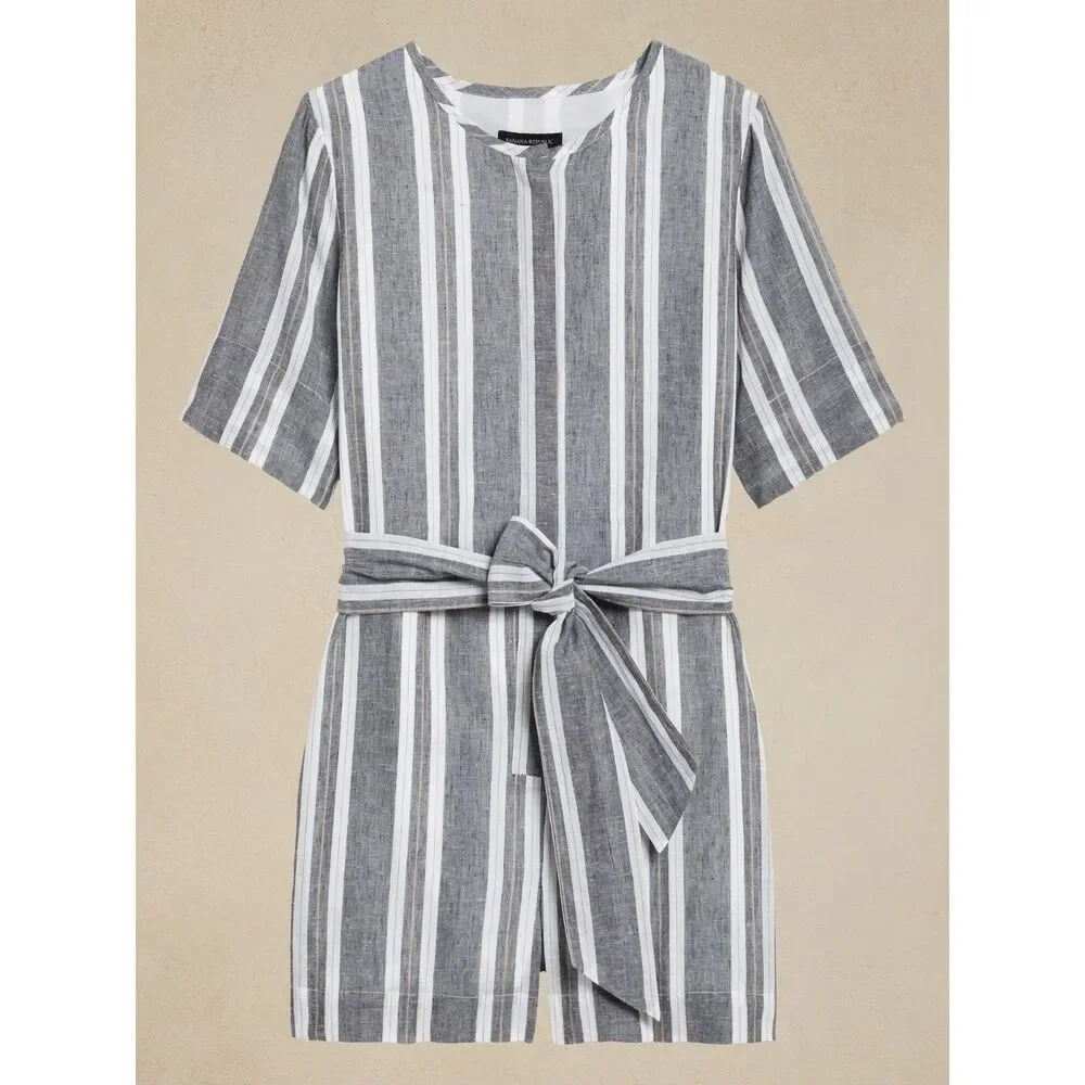 Striped Banana Republic Linen-Blend Button Down Tie-Waist Romper Shorts (NWT)